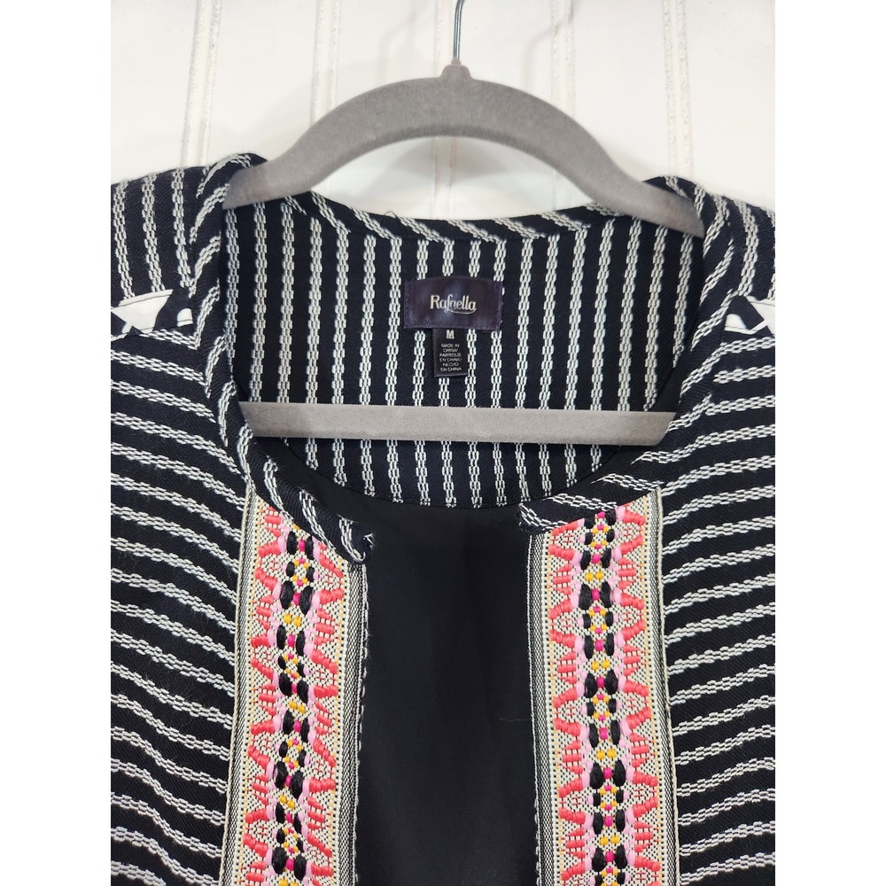 Rafaella Womens Striped Embroidered Open Front Jacket Black White Pink Size M - Picture 3 of 8